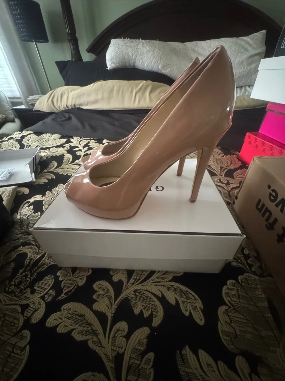 GUESS Blush Patent Peep-Toe Platform Pumps